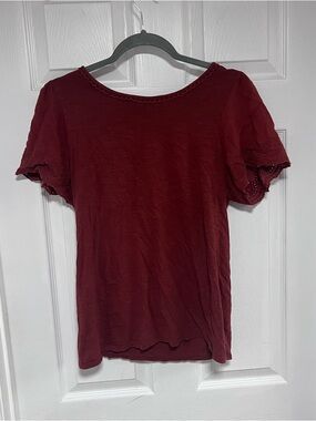 NY Collection Short Sleeve Eyelet Trim Top - Maroon Size L